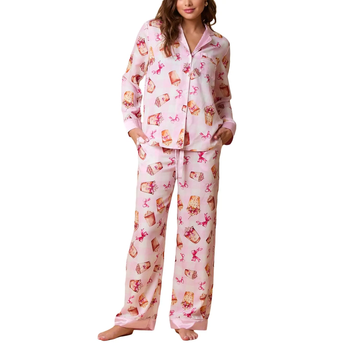 Women Floral Pajamas Lounge Set Y2k Long Sleeve Button Down Shirts Wide Leg Pants Fall Pjs Matching Sets Nightwear Beer-PinkSmall