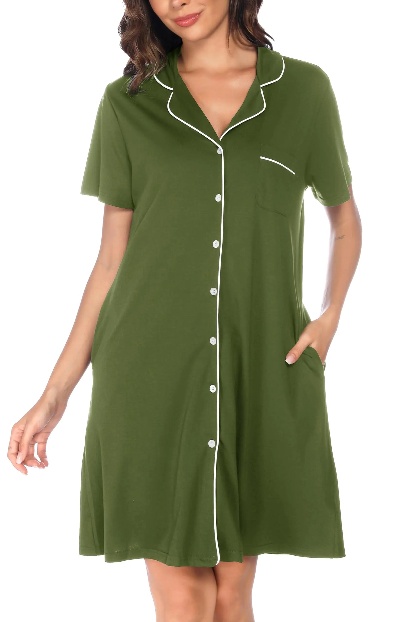 Vlazom Womens Nightgowns Short Sleeve Sleep Shirts Nightshirt V Neck Button Down Pajama Sleepwear Arm Green Size X-Large