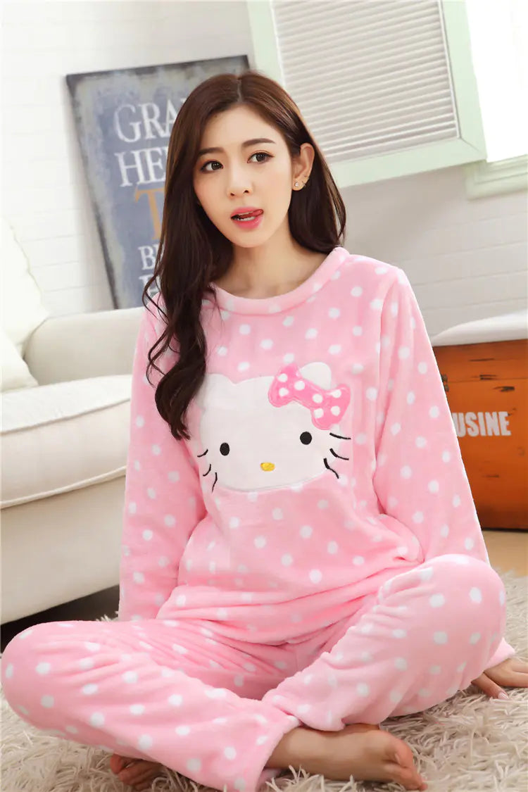 KT Cat Winter Flannel Pajama Set for Women