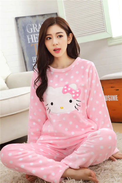 KT Cat Winter Flannel Pajama Set for Women