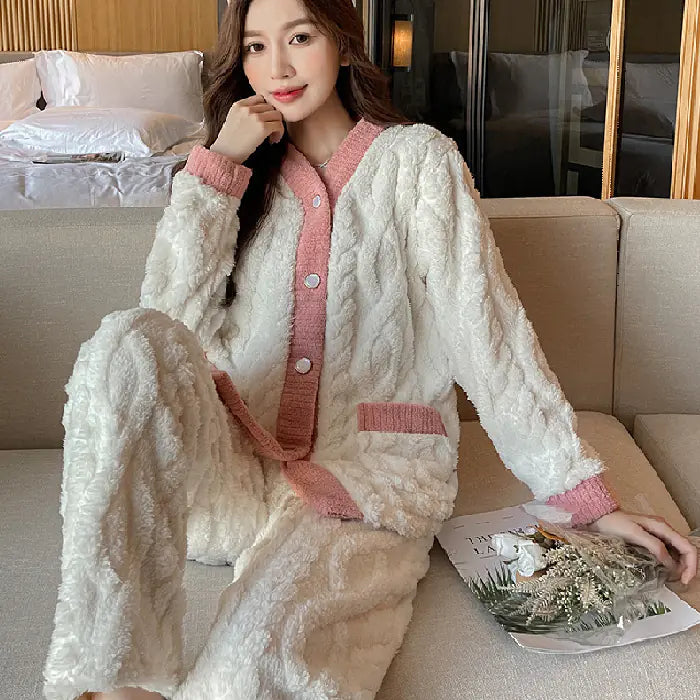 Thick Coral Fleece Long Sleeve Pajama Set for Women