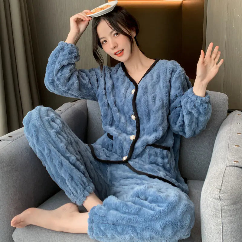 Thick Coral Fleece Long Sleeve Pajama Set for Women