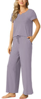 LazyCozy Womens Short Sleeve Pajama Sets - Viscose Made from Bamboo 2 Piece Lounge Pj Set Sleepwear Violet Large
