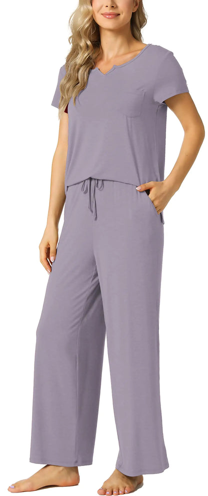 LazyCozy Womens Short Sleeve Pajama Sets - Viscose Made from Bamboo 2 Piece Lounge Pj Set Sleepwear Violet Large