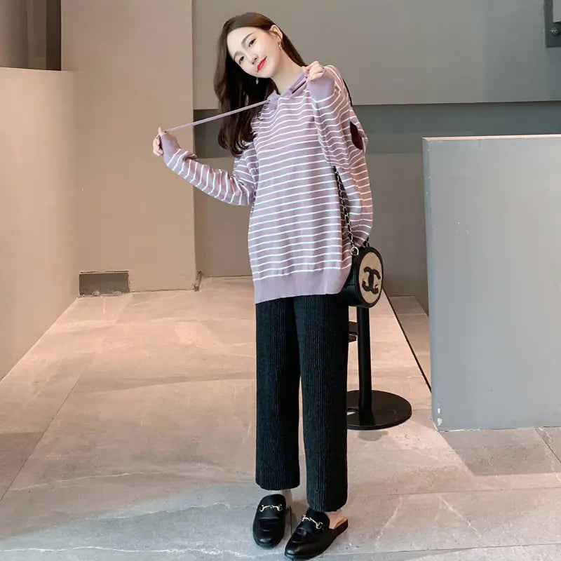 Two-Piece Knitted Nursing Clothing with Wide-Leg Pants