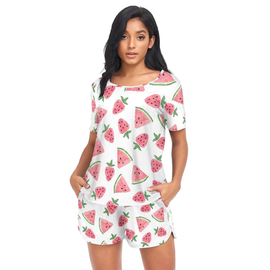 Ollabaky Pajama Set for Women Watermelon Strawberry Pjs Set Short Sleeve Sleepwear Womens Lounge Set XXL