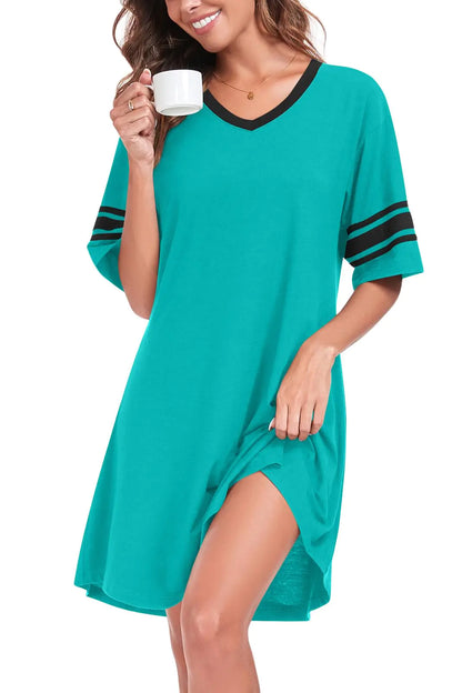 REGAI Nightgowns for Women Short Sleeve Sleepwear V Neck Sleepshirt Night Dress Turquoise Blue M