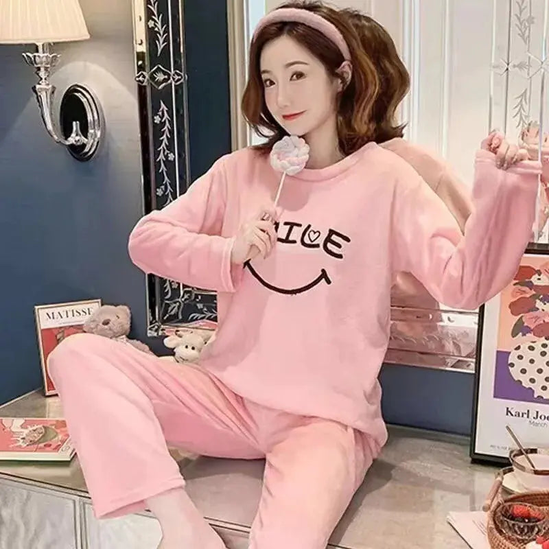 Women's Thick Warm Coral Fleece Pajama Set