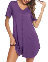 Ekouaer Womens Button Down Nightgowns V Neck Nightshirt Short Sleeve Sleepwear Soft Pajamas Dress Night Gowns Sleepshirts with Chest Pocket Bright Purple XXL