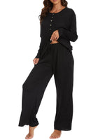 Reliwel Womens Knit Lounge Sets Fall Pajamas Button Soft Ladies Loungewear Sets Long Sleeve Tops & Wide Leg Pants Black