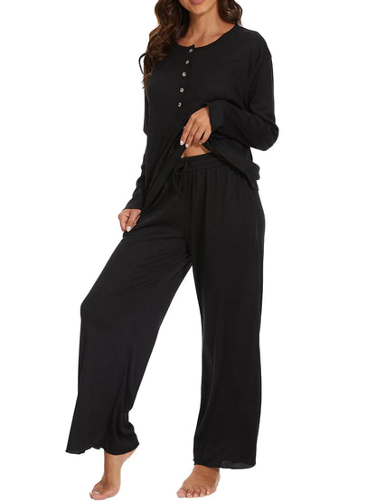Reliwel Womens Knit Lounge Sets Fall Pajamas Button Soft Ladies Loungewear Sets Long Sleeve Tops & Wide Leg Pants Black