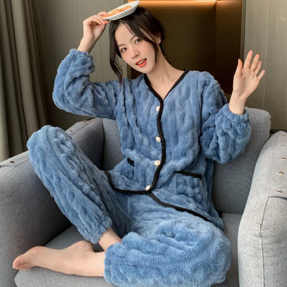 Thick Coral Fleece Long Sleeve Pajama Set for Women
