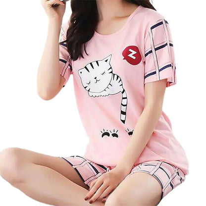 Cute Winter Cat Print Pajama Set for Women (2 Pieces)