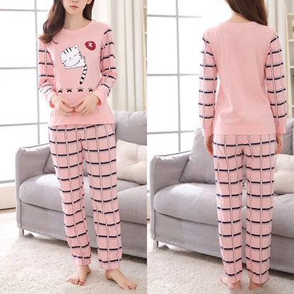 Cute Winter Cat Print Pajama Set for Women (2 Pieces)