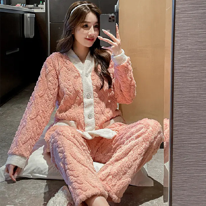 Thick Coral Fleece Long Sleeve Pajama Set for Women