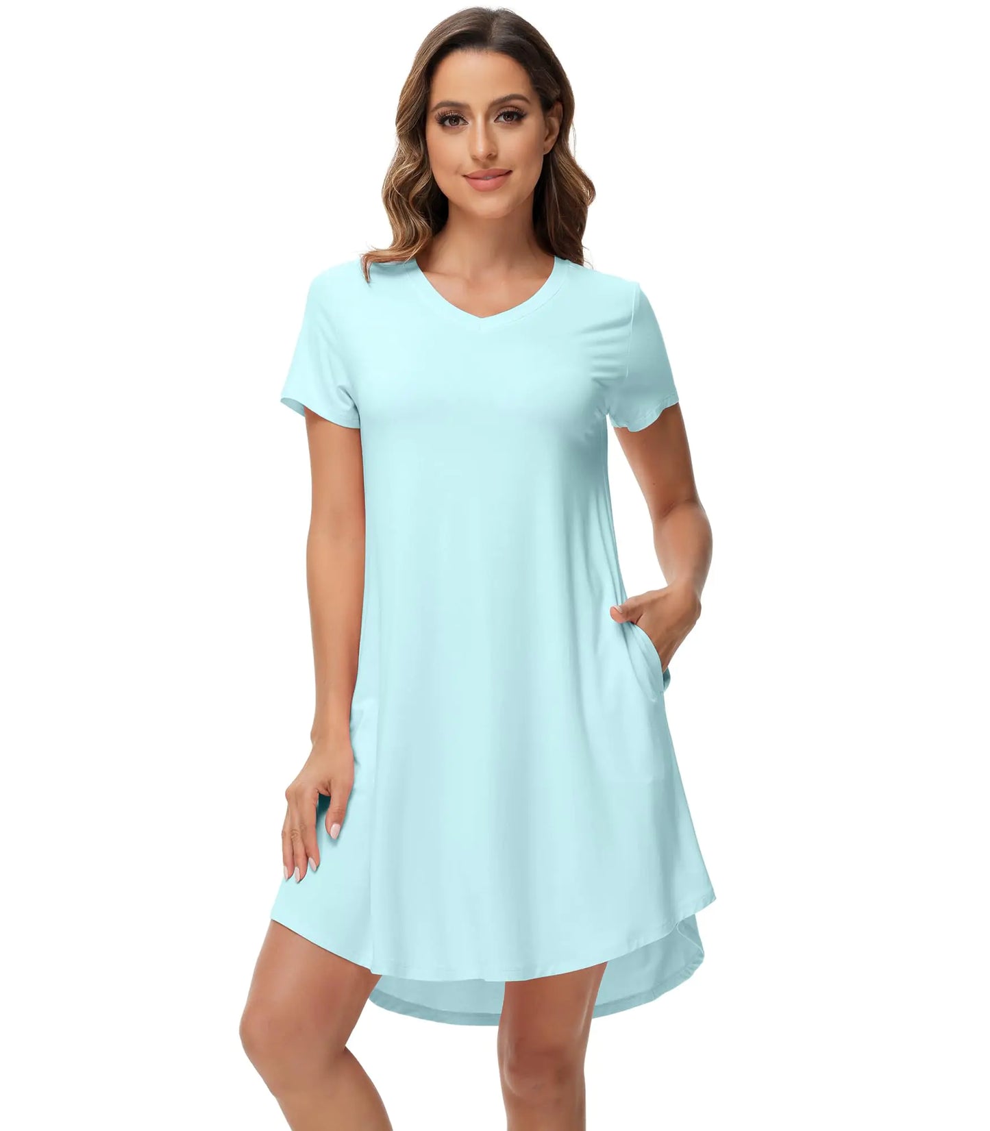 WiWi Viscose from Bamboo Nightgowns for Women Short Sleeve Pajama Dress V-neck Summer Night Shirts S-XXL Aqua Small