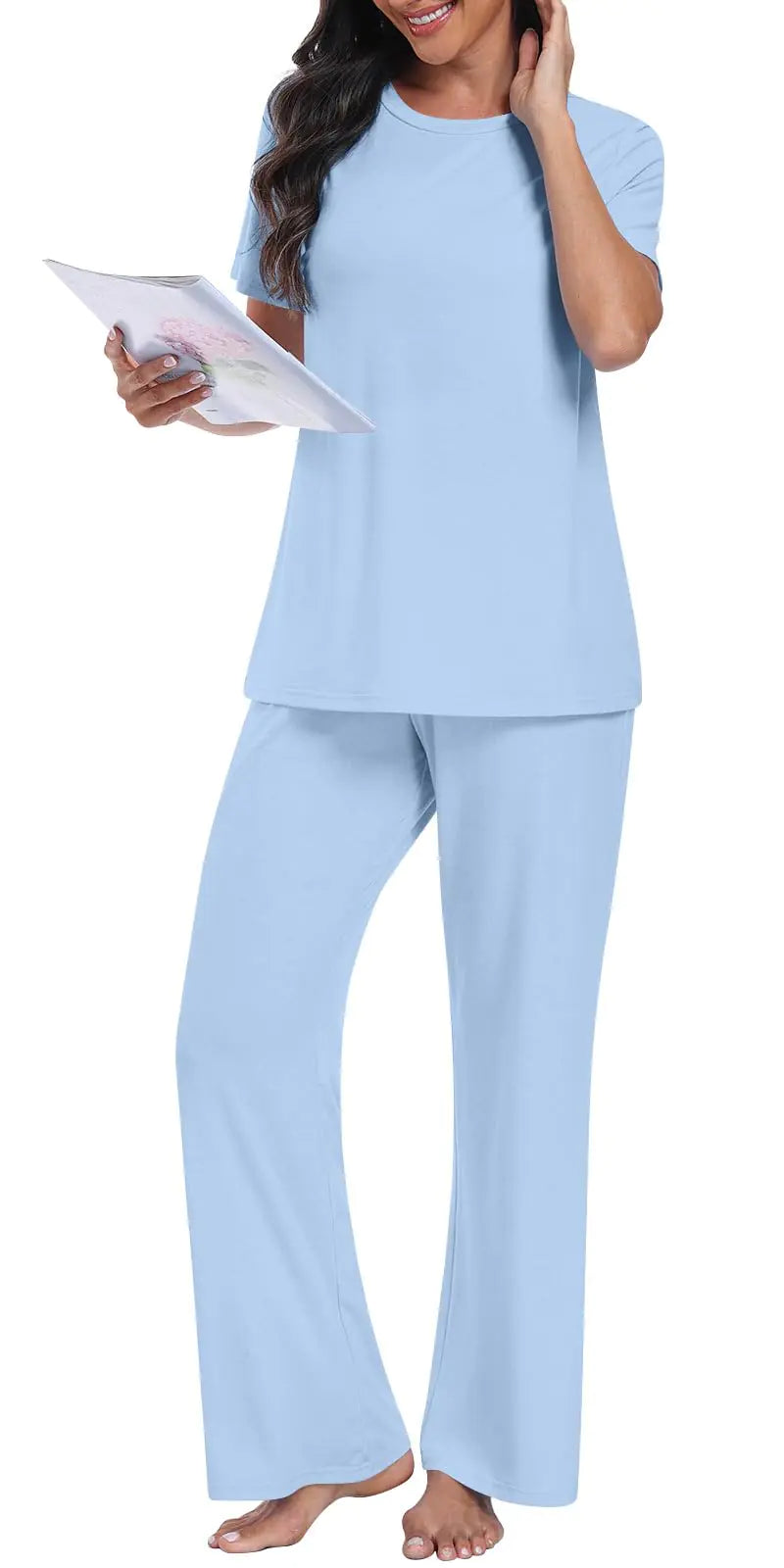 LONGYUAN Womens Pajama Short Sleeve Sleep Tee and pajama set 2 Piece Comfort Set X-LargeLight Blue