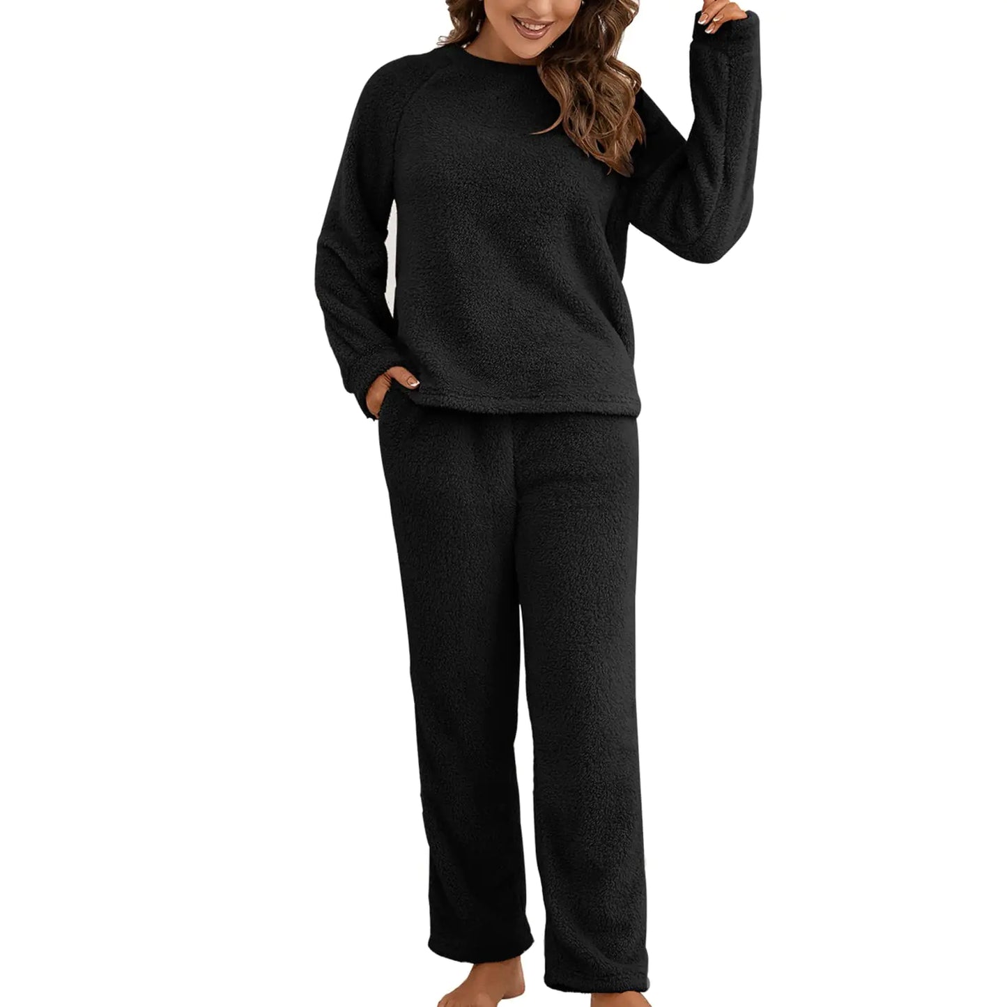 Homgro Womens Fleece Pajama Set 2 Piece Sherpa Lined Long Sleeve Shirt and Pants Fluffy Jammies Warm Lounging Outfit Fall Pjs Winter Lounge Set Soft Loungewear Cozy Sleepwear Black X-Large