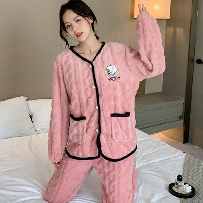 Thick Coral Fleece Long Sleeve Pajama Set for Women