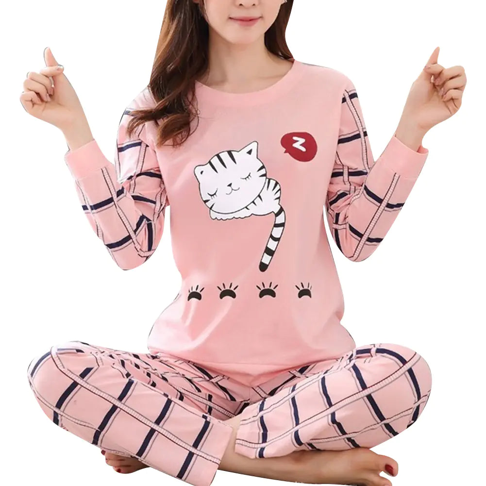 Cute Winter Cat Print Pajama Set for Women (2 Pieces)