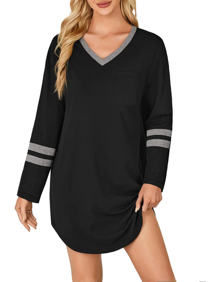 KIFOVEN Womens Cotton Nightgown V Neck Long Sleeve Sleepshirt Casual Nightshirt Nightdress Sleepwear Black Large