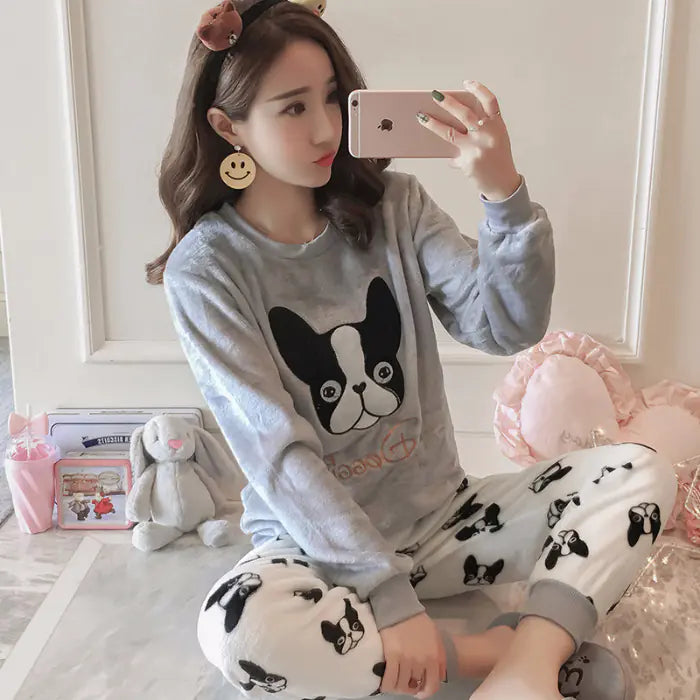 Cute Dog Printed Coral Fleece Pajama Set (2 Pieces)