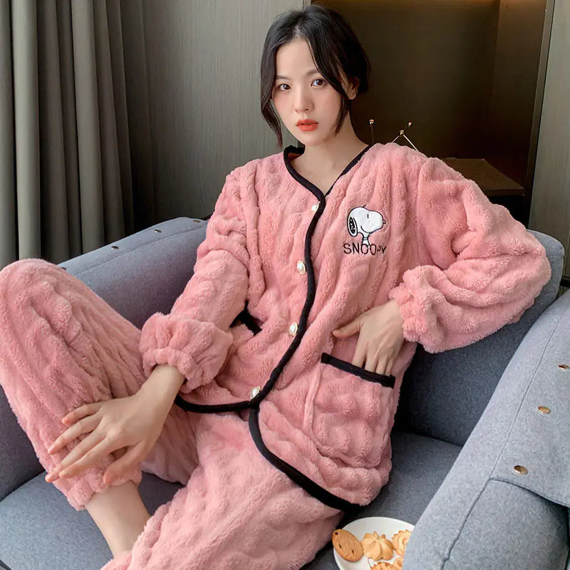 Thick Coral Fleece Long Sleeve Pajama Set for Women