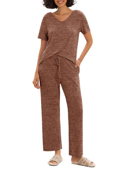 PrinStory Womens Pajama Sets Ribbed Knit Pjs Short Sleeve Top and Long Pants Lounge Set Soft Sleepwear Brown-M