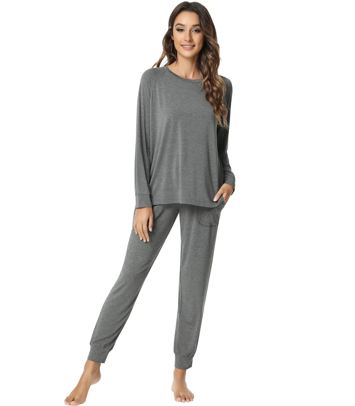 NACHILA Pajamas for Women-Viscose Made from BambooLong Sleeve Pajama Sets Crew Neck Pj with Joggers Comfy Loungewear Dark Heather Grey M