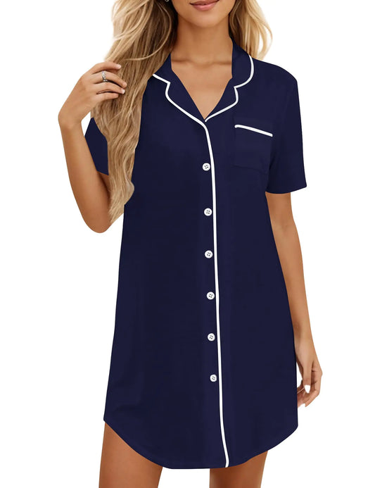 KCW Womens Nightgowns Button Down Sleepshirts Short Sleeve V Neck Breastfeeding Night Dress Postpartum Navy Blue