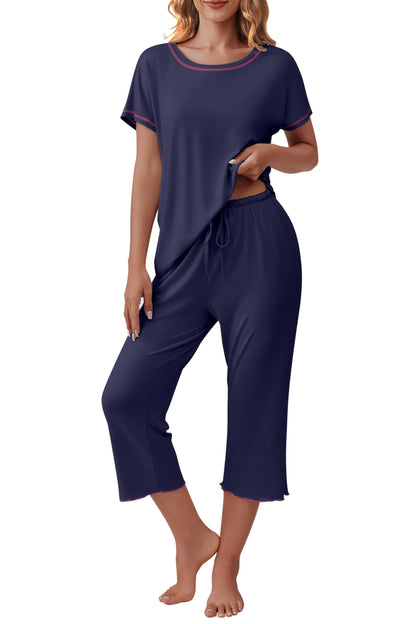 Ekouaer Womens Capri Pajama Sets Short Sleeve Sleepwear 2 Piece Crewneck Loungewear Soft PJs with Pockets Dark Blue XXL