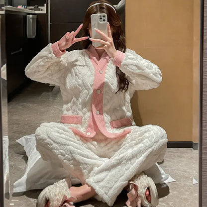 Thick Coral Fleece Long Sleeve Pajama Set for Women