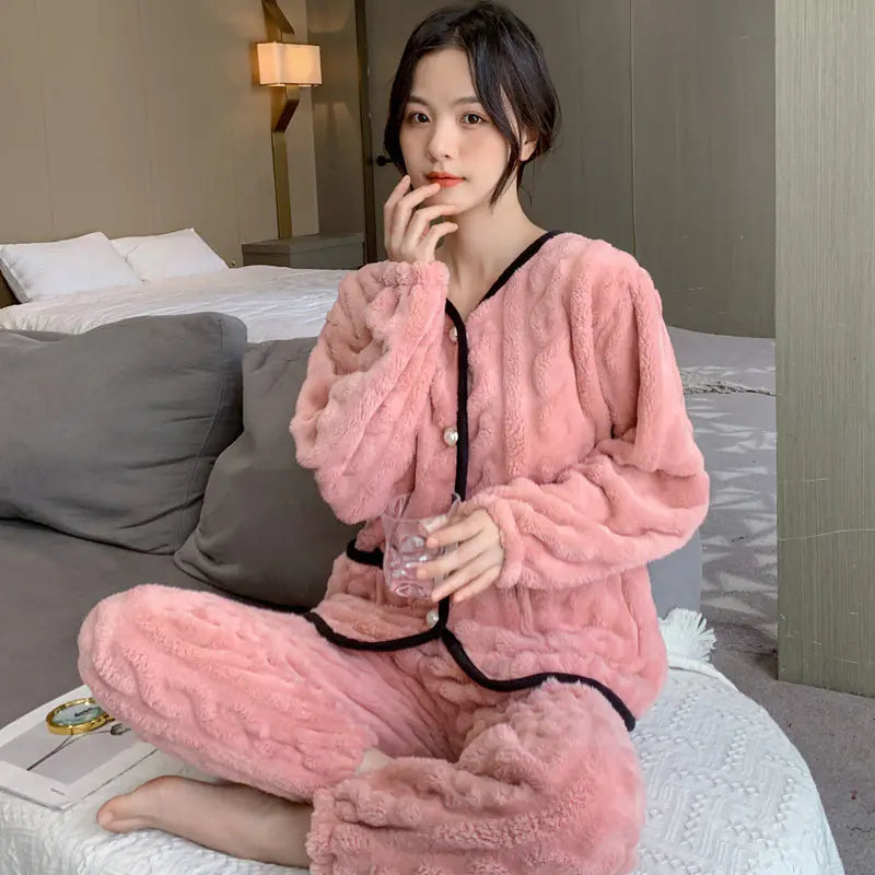 Thick Coral Fleece Long Sleeve Pajama Set for Women