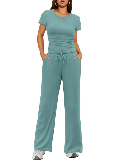 Ekouaer Womens 2 Piece Lounge Sets Ruched Short Sleeve Pajama Set High Waisted Wide Leg Pants Loungewear Tracksuit Sets