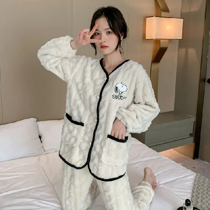 Thick Coral Fleece Long Sleeve Pajama Set for Women