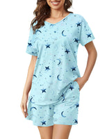 ENJOYNIGHT Womens Pajama Set Short Sleeve Shirt and Shorts Sleepwear V Neck Pjs with Pockets (X-Large Star)