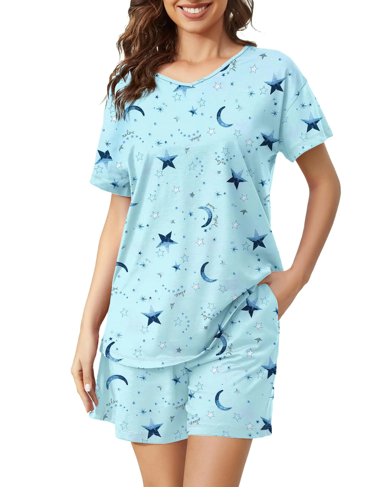 ENJOYNIGHT Womens Pajama Set Short Sleeve Shirt and Shorts Sleepwear V Neck Pjs with Pockets (X-Large Star)