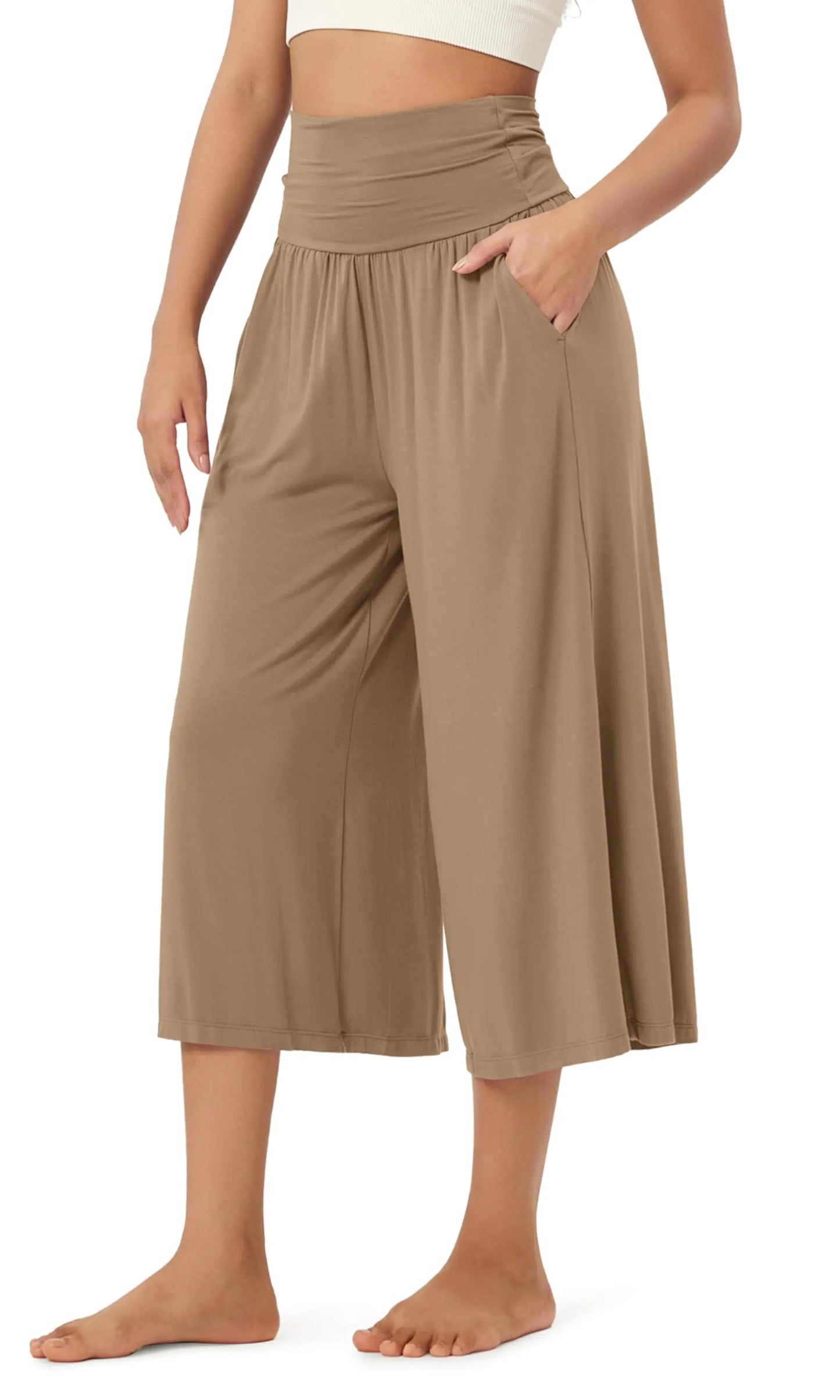 ODODOS Womens Wide Leg Palazzo Lounge Cropped Pants with Pockets Light Weight Comfy Casual Pajama Capri Pants-20 inseam Peanut Small