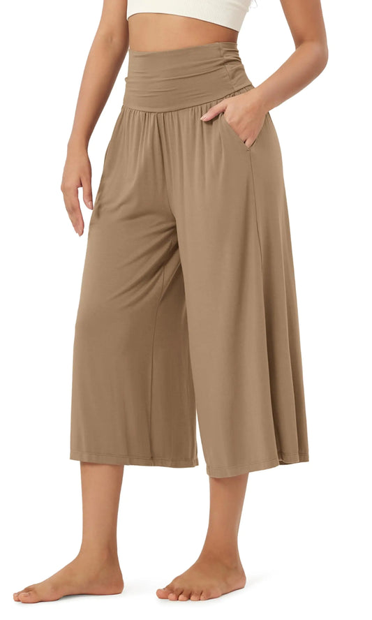 ODODOS Womens Wide Leg Palazzo Lounge Cropped Pants with Pockets Light Weight Comfy Casual Pajama Capri Pants-20 inseam Peanut Small