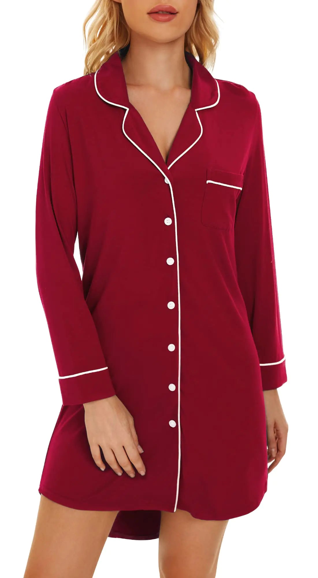 WiWi Viscose from Bamboo Nightgowns for Women Soft Long Sleeve Sleep Shirt Button Down Sleepwear S-XXL Wine Red Large