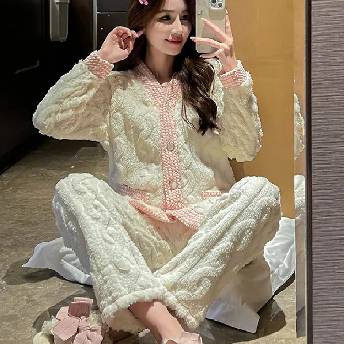 Thick Coral Fleece Long Sleeve Pajama Set for Women