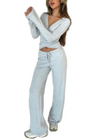 Yoawdats Women Y2K 2 Piece Lounge Sets Casual Long Sleeve V Neck Tie-Up Crop Top Flare Pants Pj Set Matching Sets Loungewear (GrayM)
