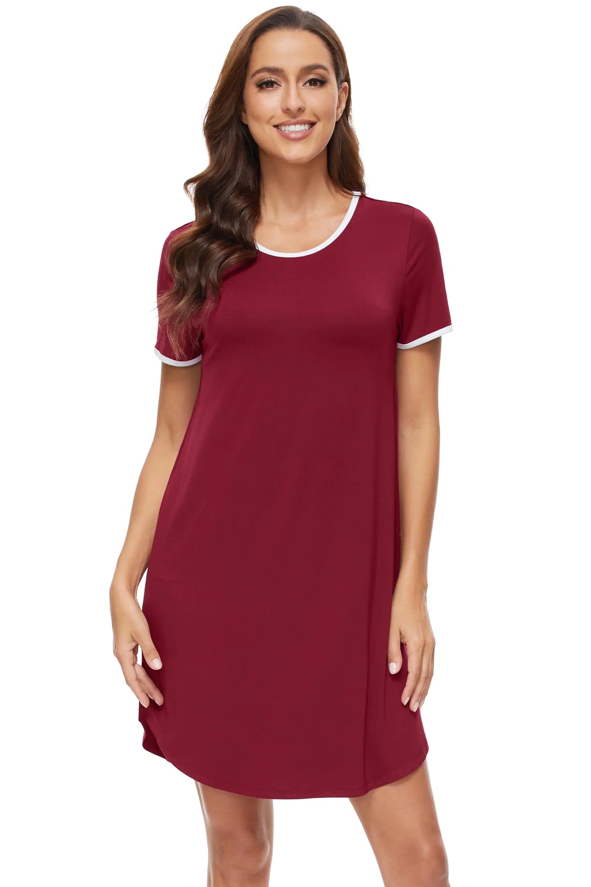 WiWi Nightgowns for Women Viscose from Bamboo Short Sleeve Sleepwear Summer Night Shirts Soft S-XXL Wine Small