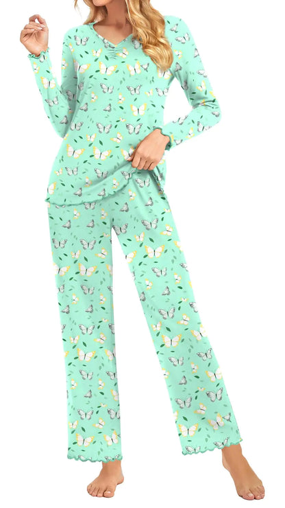 ALIGADUO Fall-Winter Womens Comfy Long Sleeve Pajama Set Soft 2 Piece Sleepwear Casual Pjs Loungewear with Pockets XL Colorful Butterfly Green