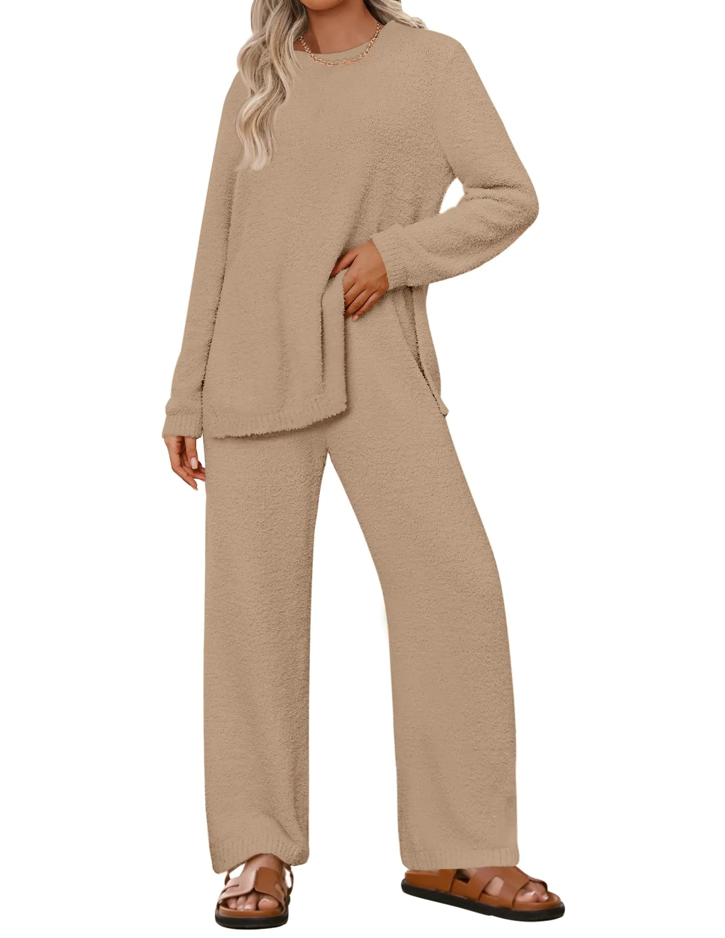 NENONA Womens Cozy Fuzzy Fleece Lounge Sets 2 Piece Loungewear Fall Outfits Sweaters and Knit Pants Matching Sets(Camel S)
