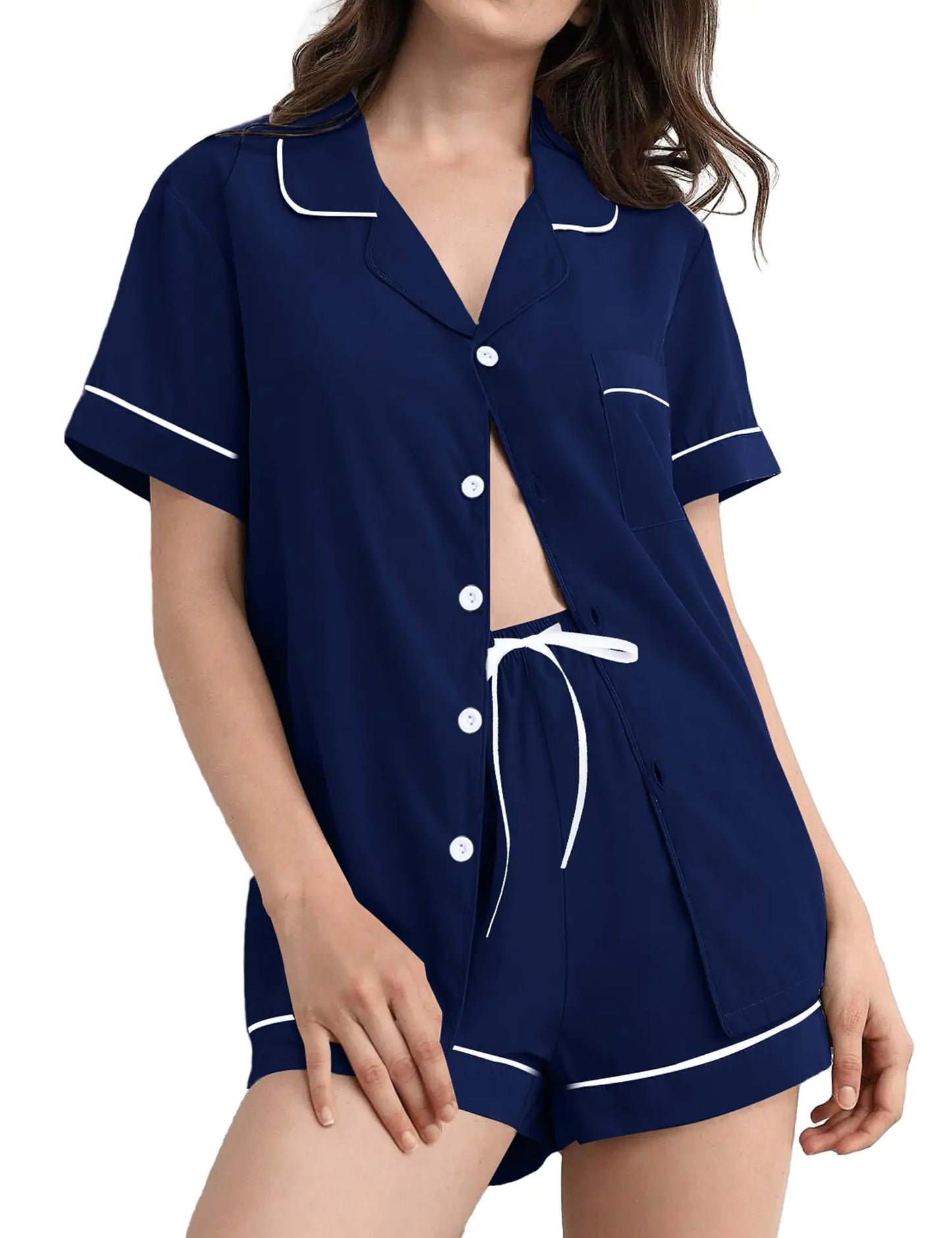SWOMOG Pajamas for Women Soft Pjs Set Modal Pajama Set Short Sleeve Button Up Pajama Top Pj Shorts Sleepwear Navy Blue